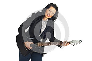 Happy formal guitarist woman
