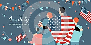 Happy Fourth of July. America Independence Day greeting banner template with happy family with flags watching fireworks