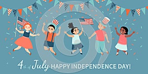 Happy Fourth of July. America Independence Day greeting banner template with happy kids with flags and hats jumping and having fun