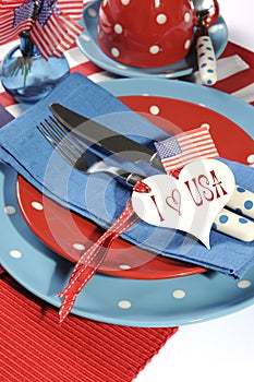 Happy Fourth of July dining table place setting close up