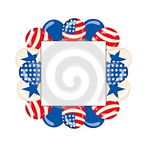 Happy Fourth of July Independence Day Poster with Shiny USA Flag Colored Balloons on White Background with Square Frame