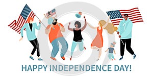 Happy Fourth of July. USA Independence Day greeting banner template with cheerful adults and kids with America flags