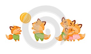 Happy Fox Family with Mother and Father Loving Their Little Cub Playing Ball Vector Set