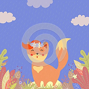 Happy fox in flower wreath with ginger forelock