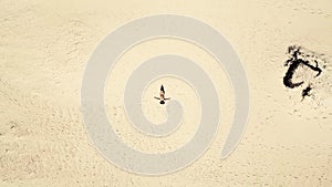 Happy free caucasian woman lay down on the sand at the beach enjoying the summer