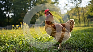 happy free range chicken in the meadow. Generative Ai