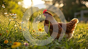 happy free range chicken in the meadow. Generative Ai