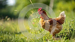 happy free range chicken in the meadow. Generative Ai