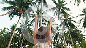 Happy freedom woman raised hands over palm trees enjoy her vacation on tropical island