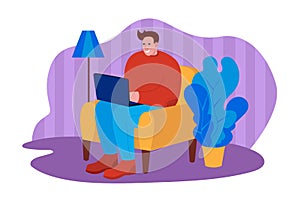 Happy freelance worker working with laptop at home. Vector illustration in flat style