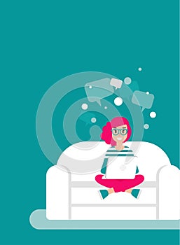 Happy freelancer girl glasses on sofa with laptop and speech bubbles. creative designer work at home