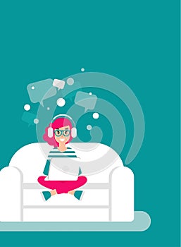 Happy freelancer girl glasses on sofa with laptop and speech bubbles. creative designer work at home