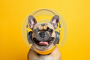 Happy french bulldog dj dog in headphones listens to music on yellow background with space for text