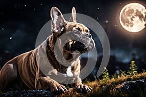Happy French Bulldog looking at camera, cute companion under moon
