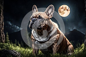 Happy French Bulldog looking at camera, cute companion under moon