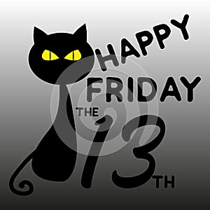 Happy Friday the 13th text, with black cat, on gray backgound.