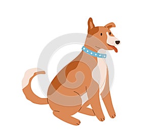 Happy friendly dog sitting with tongue out and wagging tail. Cute brown puppy with collar on neck. Colored flat vector