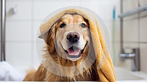 Happy friendly Golden retriever dog lies under soft terry plaid at home after bathing