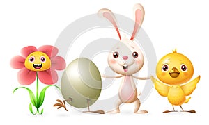 Happy friends celebrate Spring or Easter - Flower, Hatched egg, Bunny and Chicken - vector illustration characters