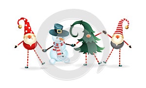 Happy friends celebrate Winter Solstice, Christmas and New Year. Scandinavian gnomes and snowman photo