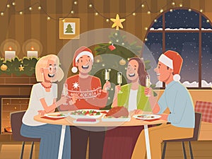 Happy friends celebrating Christmas. New Year holidays. Vector illustration