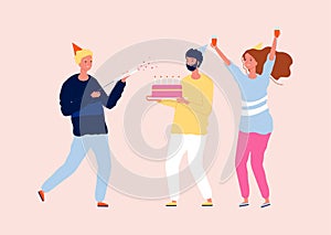 Happy friends celebrating party. Birthday cake, wine and confetti. Friendship, smiling woman and men vector characters