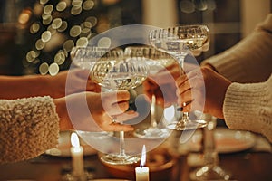 Happy friends clinking champagne glasses while celebrating New Years Eve or Christmas