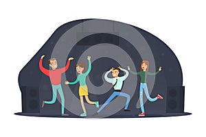 Happy Friends Dancing at Party. Young Men and Women Spending Time Together at Night Concept Cartoon Vector Illustration