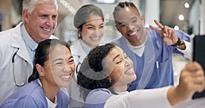 Happy, friends or doctors take a selfie for social media profile pictures with smile or joy in hospital clinic together