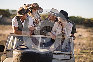 Happy friends enjoying during safari vacation 4k