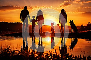 Happy friends, family with dog and cat jumping at sunset