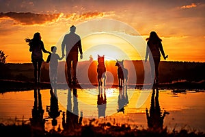 Happy friends, family with dog and cat jumping at sunset