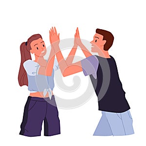 Happy friends give high five, man and woman clap with palms together in informal gesture