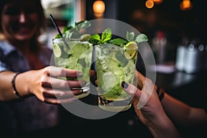 Happy friends group cheering mojito drinks in pub. Generative Ai