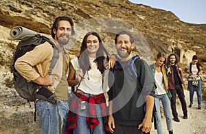 Happy Friends Group Portrait during Vacation Hike