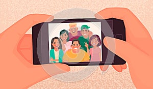 Happy friends guys and girls take a selfie. Photo of young people made on a smartphone. Vector illustration