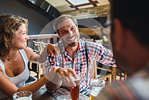 Happy friends having fun at bar - Young trendy people drinking beer and laughing together