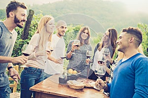 Happy friends having fun and drinink wine at backyard garden party