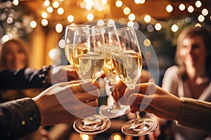 Happy friends having fun and toasting sparkling wine glasses close-up against golden bokeh lights background