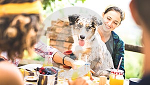 Happy friends having healthy pic nic breakfast at countryside farm house - Young people millennials with cute dog having fun photo