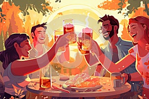 Happy friends having party in autumn forest. Cartoon vector illustration of young men and women clinking glasses of beer, A group