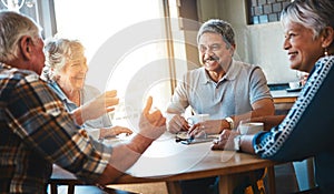 Happy, friends and mature group at coffee shop on holiday or reunion on vacation in retirement. Senior, people and relax