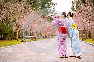 Happy friends pointing cherry-blossom