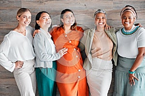 Happy, friends and portrait of a pregnant female with women by a wood wall at her baby shower. Friendship, diversity and