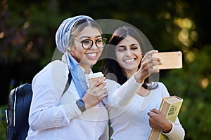 Happy, friends and selfie with women at college for social media, education and connection. Diversity, smile and