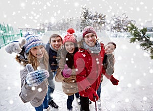 Happy friends with smartphone on ice skating rink