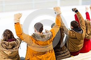 Happy friends supporting team on ice rink arena