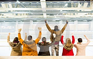 Happy friends supporting team on ice rink arena