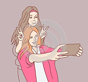 Happy friends take photos for instagram, vector illustration, flat concept