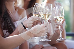 Happy friends toasting wine photo